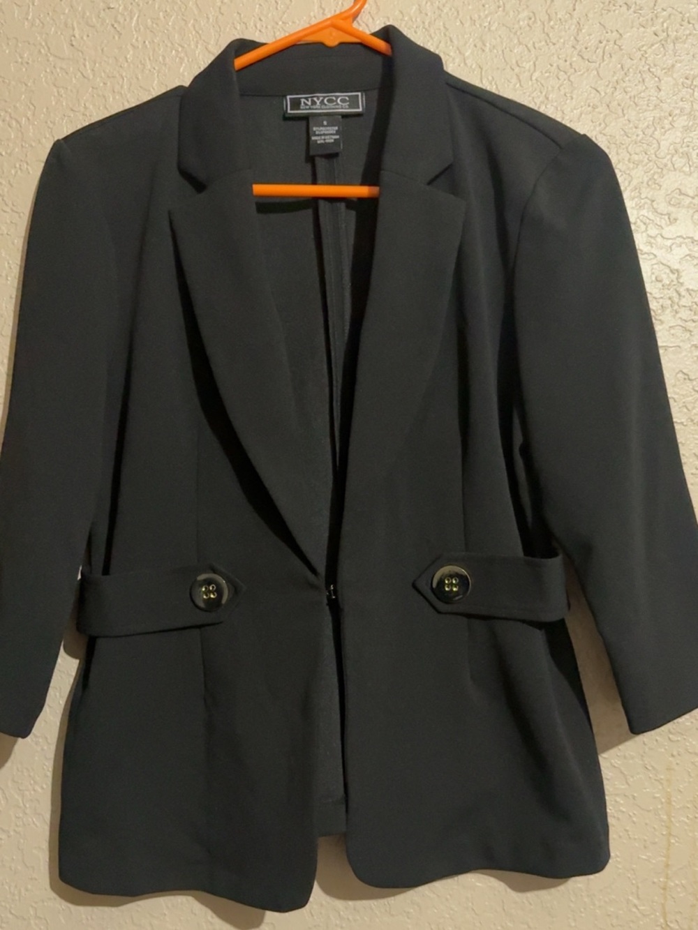 NYC Women's Black Notch-Lapel Blazer with Buttoned Waist Tabs